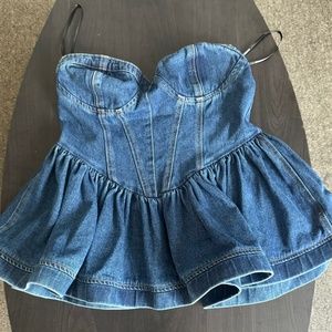 Cute Pleated Denim Peplum Tube Strapless Ruffle Blue Top